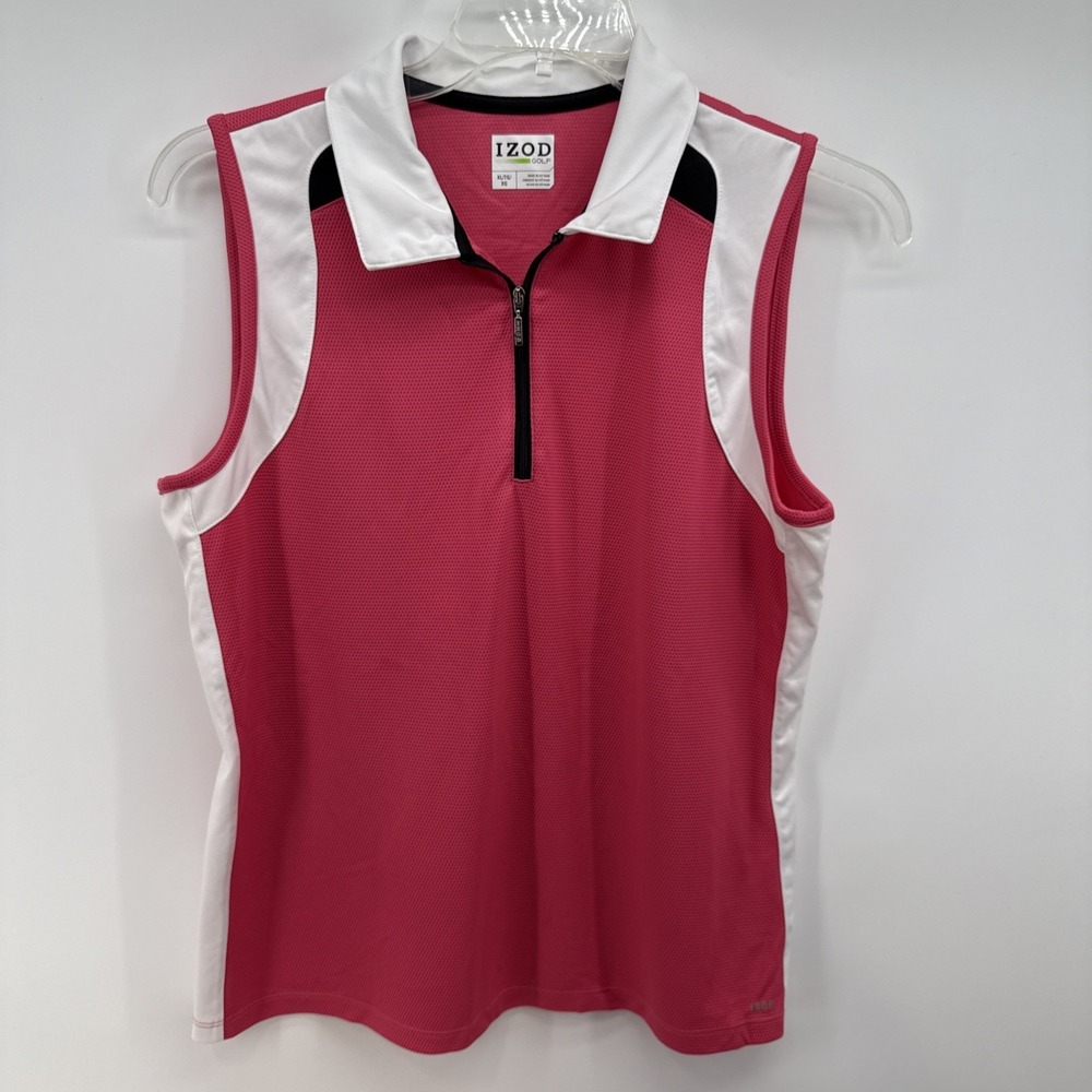 Izod‎  Women's Golf Polo Shirt Size XL Pink White Black Zipper Sleeveless Collar